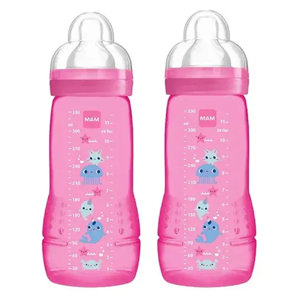 MAM Easy Active Biberon Débit X +6m Rose Animaux Marin Lot de 2 x 330ml