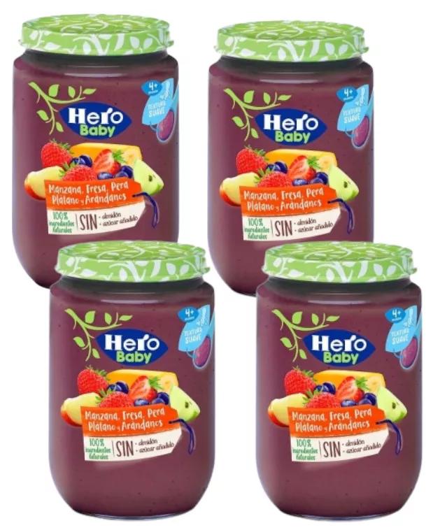 Hero Baby Tarrito Plátano, Manzana, Pera, Fresa y Arándanos +4m 4x190 gr