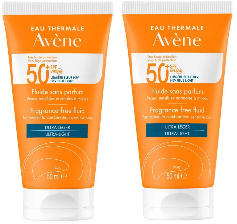 Avène Fluide Solaire Sans Parfum Peaux Normales ou Mixtes SPF50+ 2x50 ml