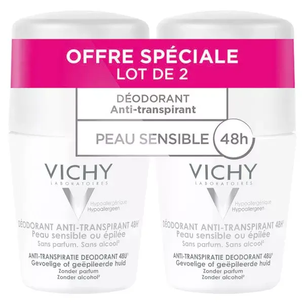 Vichy Déodorant Anti-Transpirant Peaux Sensibles 48h Roll-On Lot de 2 x 50ml