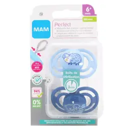 MAM Perfect Sucette Silicone +6m Hérisson Castor Bleu Lot de 2 + Boîte de Stérilisation