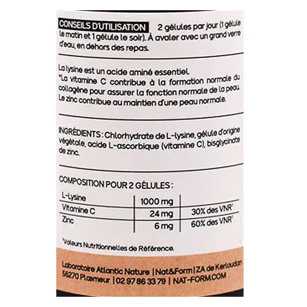 Nat & Form LLysine + Zinc & Vitamine C beauté de la peau 60 gélules