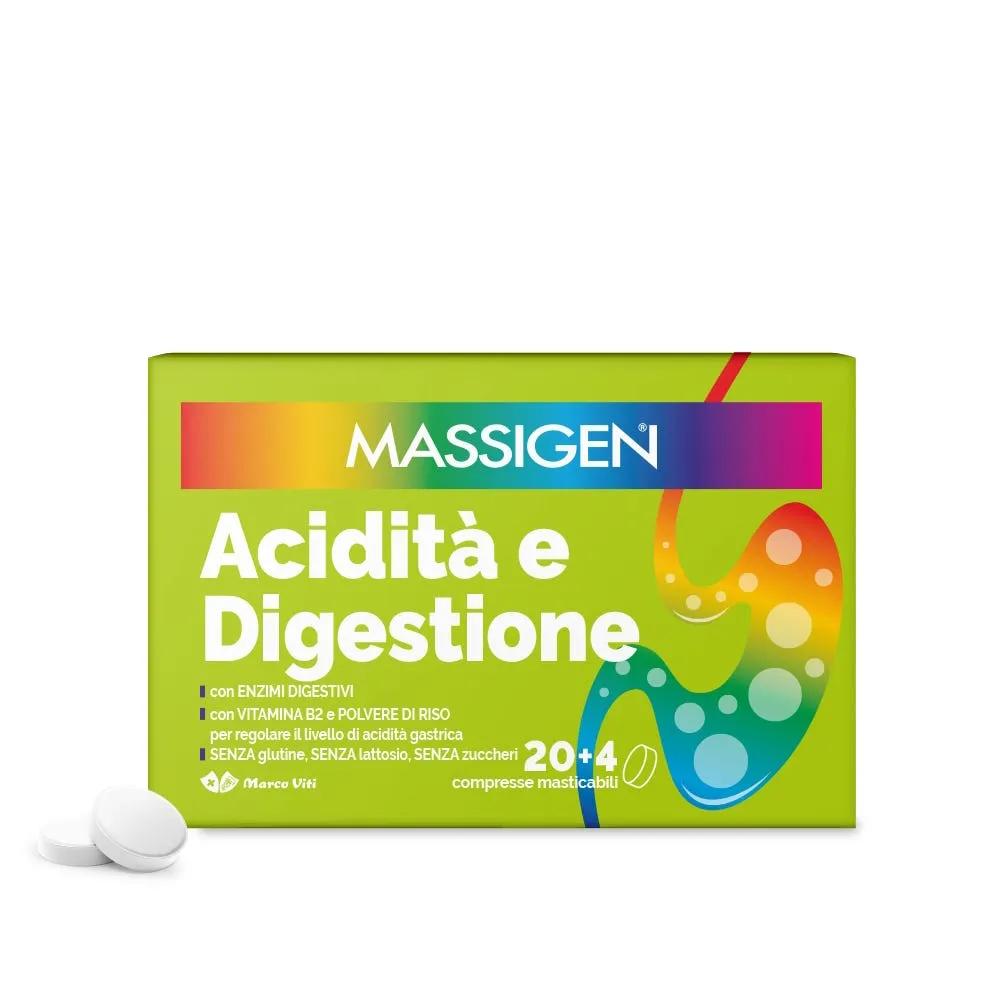 Massigen Acidità e Digestione Integratore per Disturbi Gastrointestinali 20 Compresse + 4 in Omaggio