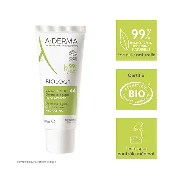 A-Derma Biology Crème Riche Dermatologique Hydratante Bio 40ml