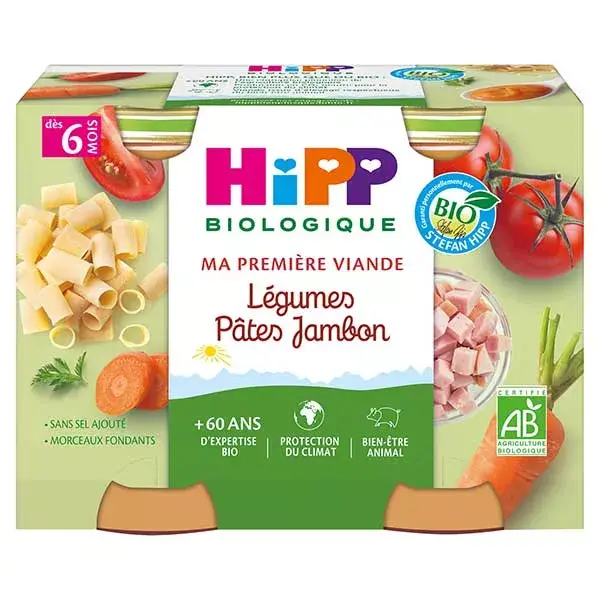 Hipp Mi Primer Verduras Orgánicas de Carne Jamón de Pasta + 6m Lote de 2x190g