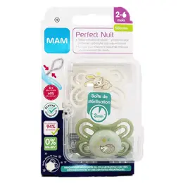 MAM Perfect Nuit Sucette Silicone +2m Lapin Hérisson Lot de 2 + Boite de Stérilisation