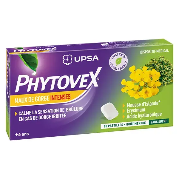 UPSA Phytovex Maux de Gorge Intenses sans Sucre 20 pastilles