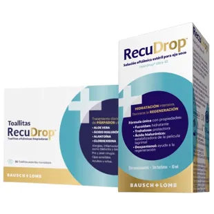 Solução oftálmica para olhos secos RecuDrop 10 ml + Lenços umedecidos esterilizados RecuDrop 20 unidades
