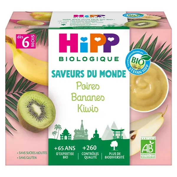 Hipp Bio 100% Fruits Coupelle Poires Bananes Kiwis +4m 4 x 100g