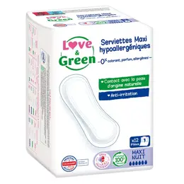 Love & Green Serviettes Hypoallergéniques Maxi Nuit 12 unités