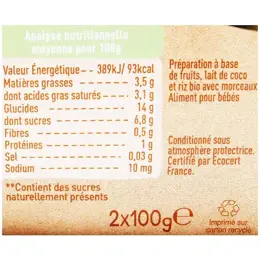 Babybio Desserts Lactés Bol Riz au Lait de Coco Mangue +8m Bio Lot de 2 x 100g