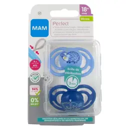 MAM Perfect Sucette Silicone +18m Hérisson Castor Lot de 2 + Boite de Stérilisation