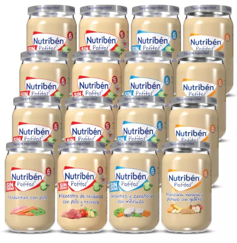 Nutribén Potitos Variados Pollo, Pollo y Ternera, Merluza, Frutas +6m 16 uds 