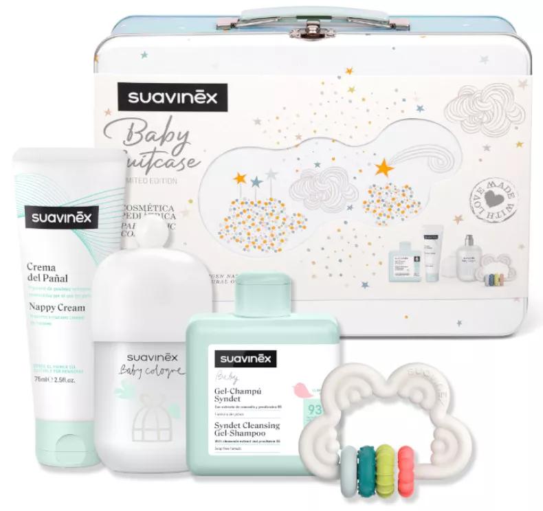 Panier Suavinex Baby Cologne + Gel moussant + Crème pour couches + Anneau de dentition en silicone bleu