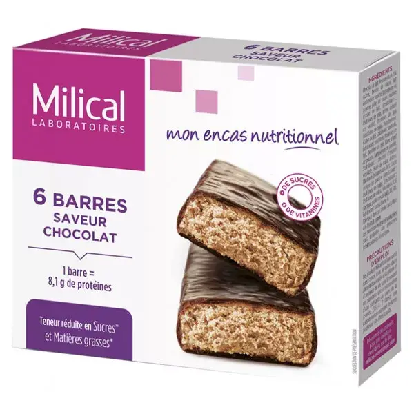 Milical Hiperproteica, barras adelgazantes sabor chocolate, caja 6 pzas.