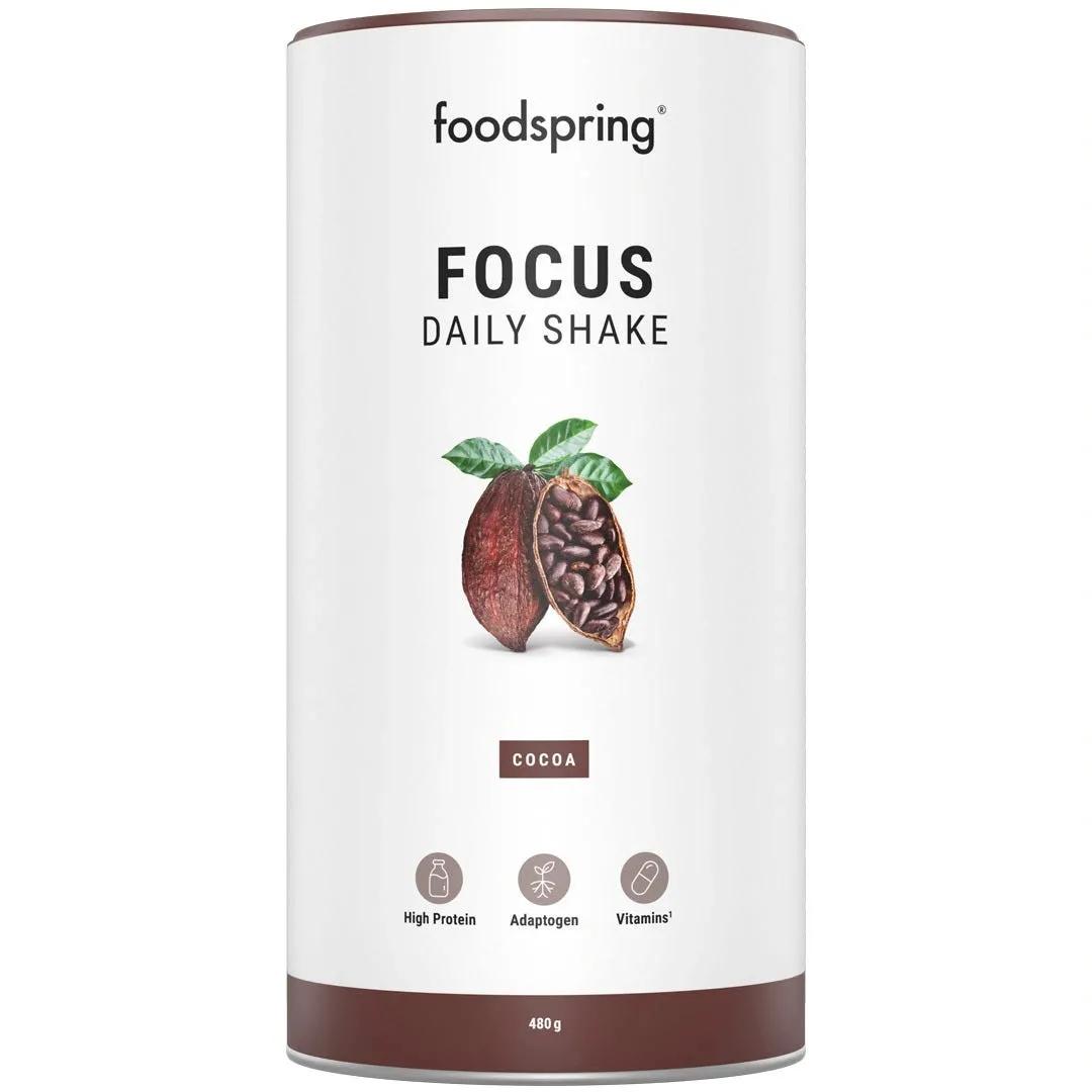 Foodspring Focus Daily Shake Energetico per Prestazioni Fisiche e Mentali Gusto Cacao 480 g