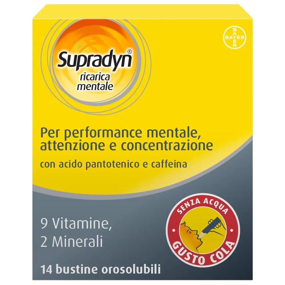 Supradyn Ricarica Mentale Integratore Multivitaminico con Acido Folico, Caffeina e Guaranà, per Attenzione e Concentrazione, Gusto Cola 14 Bustine