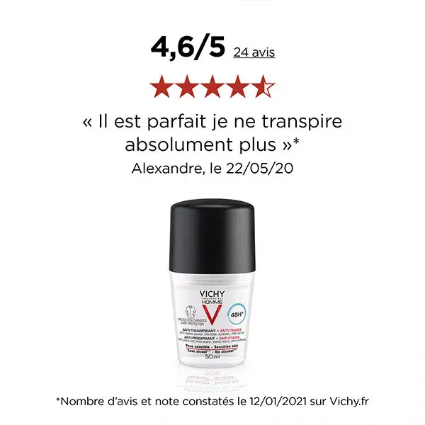 Vichy Homme Déodorant Anti-Transpirant Anti-Traces 48h Roll-On 50ml