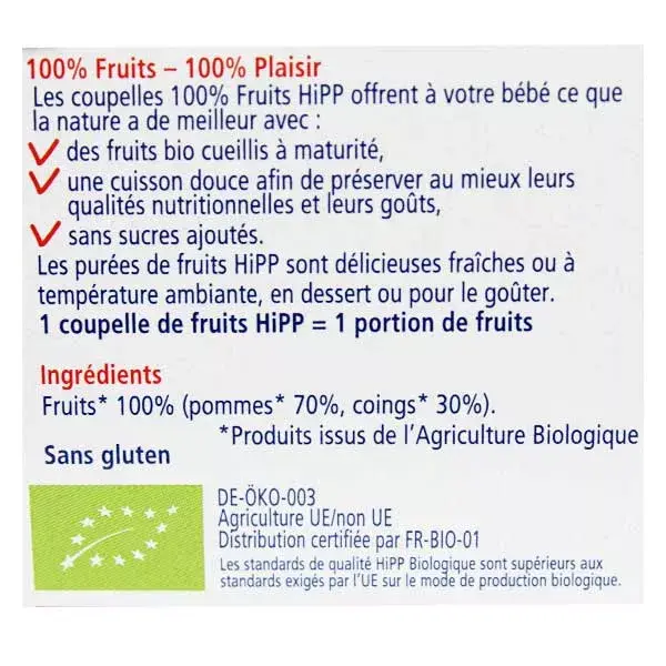 Hipp Bio 100% Fruits Coupelle Pommes Coings +4m 4 x 100g