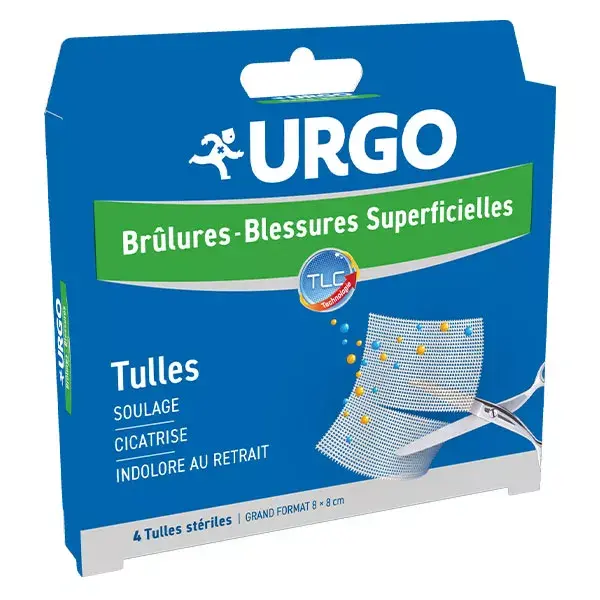 Urgo Premiers Soins Brûlures Blessures Superficielles Tulles Stérile 8 x 8cm 4 unités