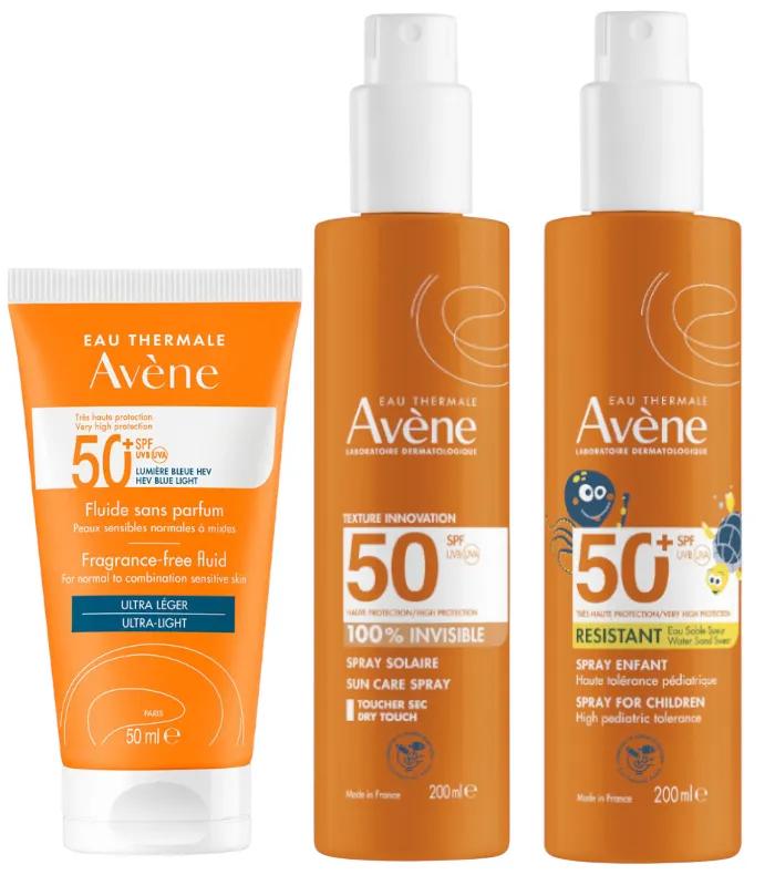 Avène Fluide Solaire sans Parfum SPF50+ 50 ml + Spray 200 ml + Spray Enfant 200 ml