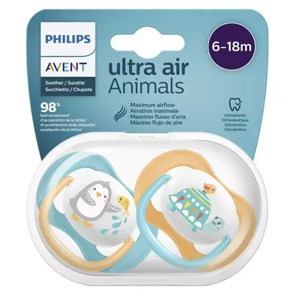 Avent Ultra Air Symmetrical Pacifier +6m Animal Blue Pack of 2