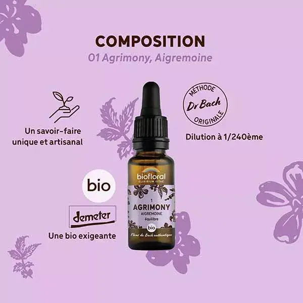 Biofloral Fleur De Bach 01 Agrimony Aigremoine Compte Gouttes Bio 20 ml