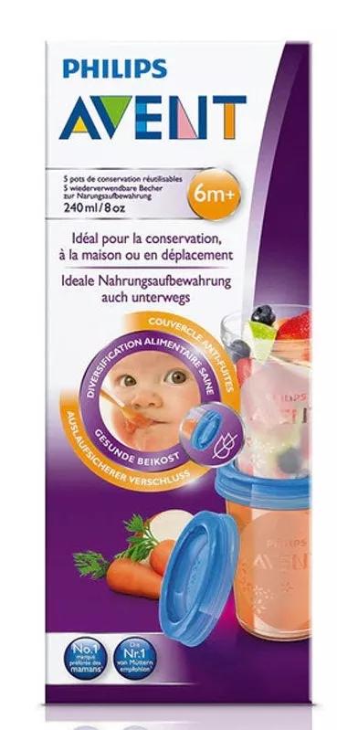 Avent 5 Recipientes 240ml para Leche Materna + 5 Tapas Reutilizable