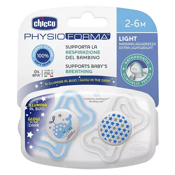 Chicco Physio Forma Light Sucette Silicone Phosphorescente +2m Baleine Étoile Lot de 2 + Boite de Stérilisation