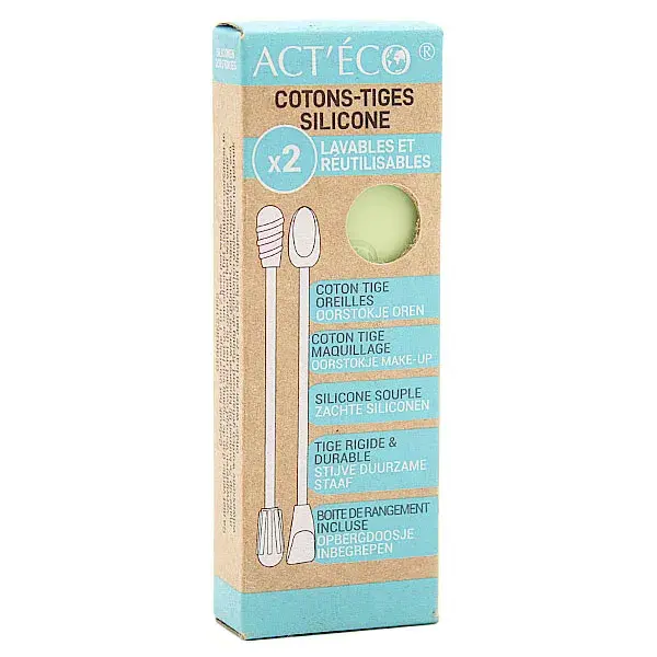 Act'Éco Doble Bastoncillo de algodón Reutilizable en Silicona y Embudo Maquillaje Verde Pastel