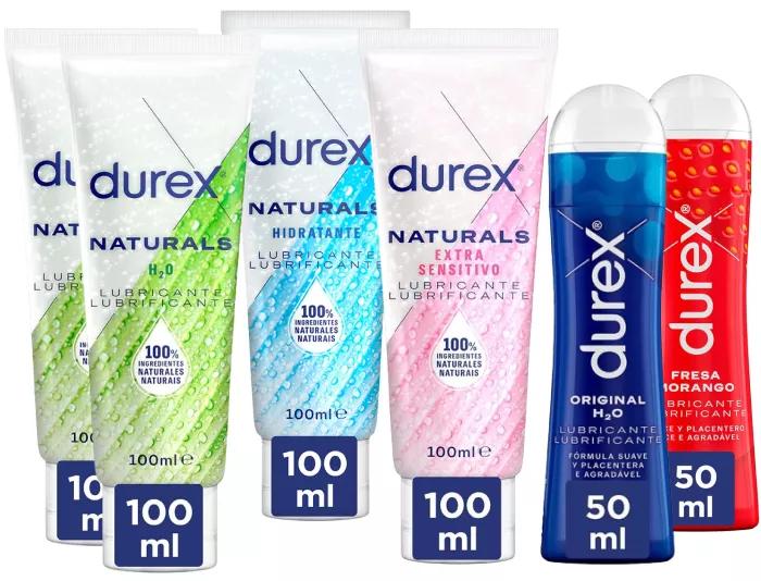 Durex Naturals Intimate Lubricant Gel 2x100 ml + Moisturizing Natural Lubricant 100 ml + Aloe Vera Extrasensitive Natural Lubricant 100 ml + Play Original Intimate Lubricant 50 ml + Play Strawberry Lubricant 50 ml