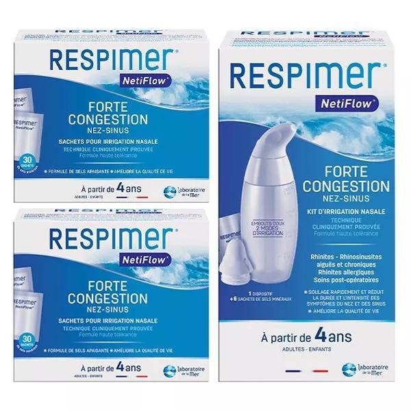 Respimer Netiflow Kit d'Irrigation Nasale dès 4 ans + Recharges Lot de 2x16 Sachets
