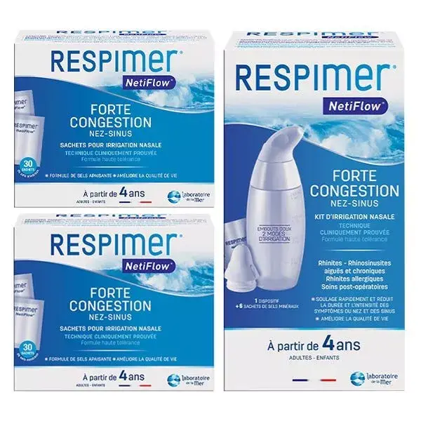 Respimer Netiflow Kit d'Irrigation Nasale dès 4 ans + Recharges Lot de 2x16 Sachets