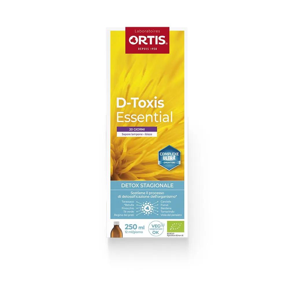 Ortis D-Toxis Essential integratore Detossificante Gusto Lampone e Ibisco Bio Sciroppo in Bottiglia da 250 ml