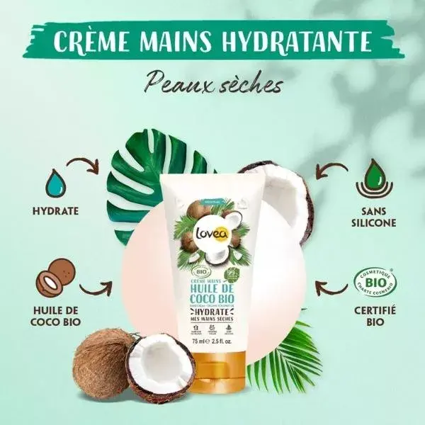 Lovea - Crème Mains - Huile De Coco Bio - Peaux Sèches 75ml
