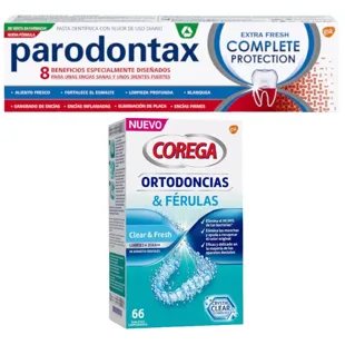 Parodontax Pasta de dente de proteção completa 75 ml + Corega Ortodontia e Talas Comprimidos 66 unidades