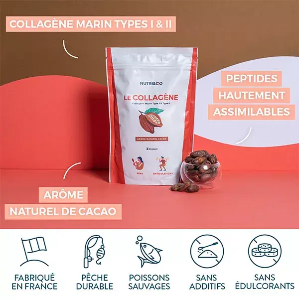 Nutri&Co Collagène Marin Type 1 et 2 Peau & Articulations Saveur Cacao 240g