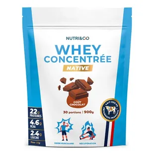 Proteine ​​in polvere concentrate del siero del latte nativo Nutri&Co - 30 porzioni al gusto di cioccolato - 900 g
