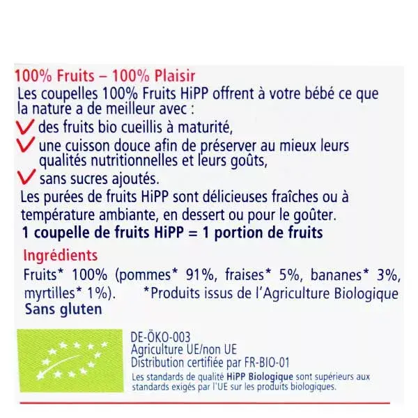 Hipp Bio 100% Fruits Coupelle Pommes Bananes Fruits Rouges +6m 4 x 100g