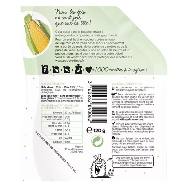 Popote Les Légumes Gourde Maïs +6m Bio 120g