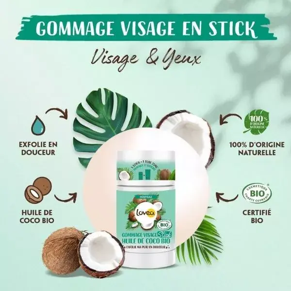 Lovea - Gommage Visage Stick - Huile De Coco Bio - Tous Types de Peaux 40g