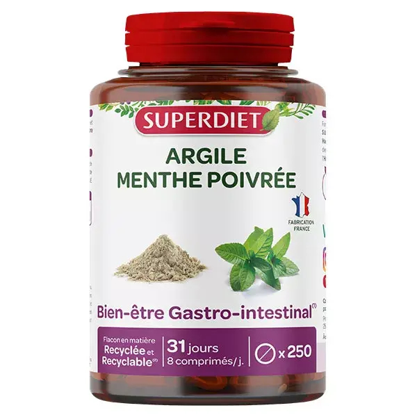 Superdiet Argile Verte Montmorillonite Menthe Poivrée 250 comprimés