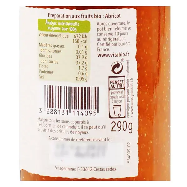 Vitabio Organic Spreadable Apricot from Occitania 290g