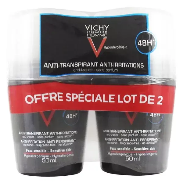 Vichy Homme Déodorant Anti-Transpirant Anti-Irritations 48h Roll-On Lot de 2 x 50ml
