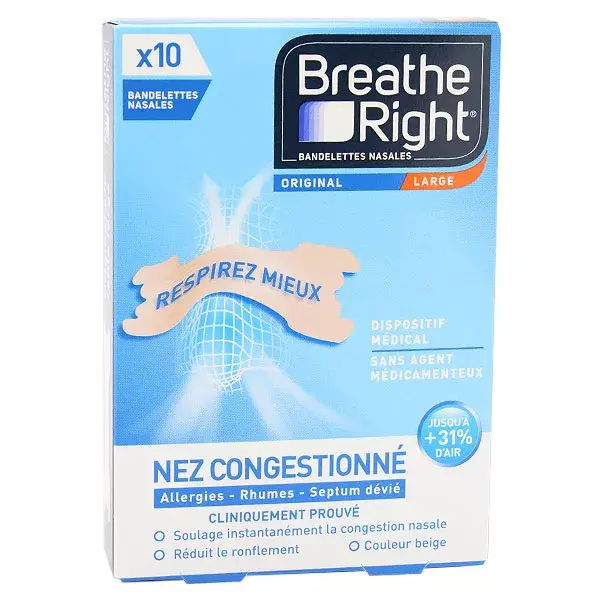 Breathe Right Bandelettes Nasales Original Large Nez Congestionné 10 unités