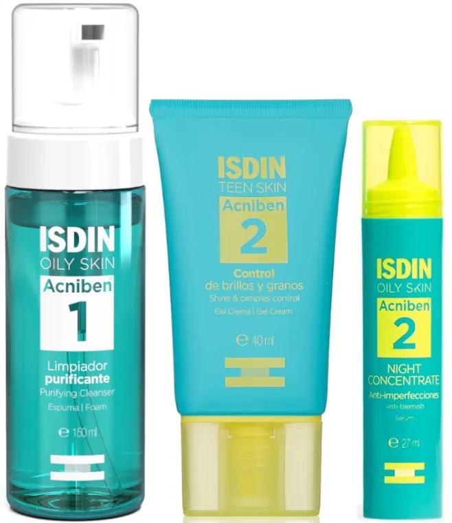 Isdin Acniben Nettoyant Purifiant 150 ml + Contrôle Brillance et Boutons 40 ml + Concentré Nuit 27 ml