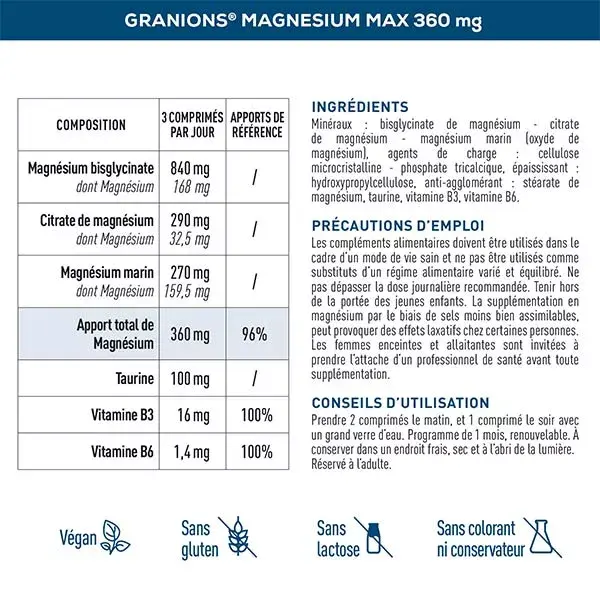 Granions Magnésium Max 360 mg Contribue à Réduire le Stress la Fatigue Action 24h 90 comprimés