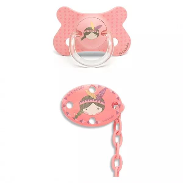 Suavinex Chupete de Silicona Fisiológico 4-18m + Clip Indio Rosa
