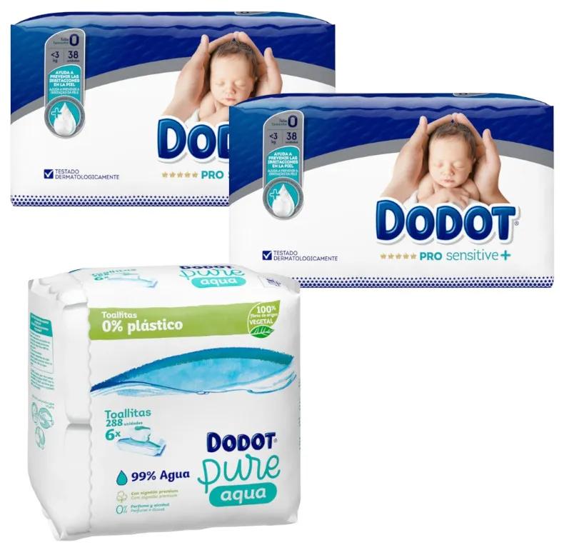 Dodot Pro Sensitive+ T0 Diapers (-3 Kg) 2x38 units + Aqua Plastic Free Wipes 6x48 units