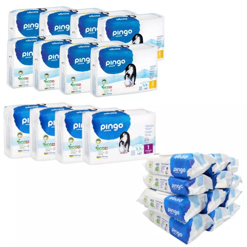 Pingo Pack 3m Pañales T1 4x27 uds + Pañales T2 8x42 uds + Toallitas 12x80 uds